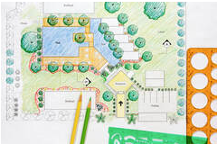 Areal view of a design plan for a backyard
